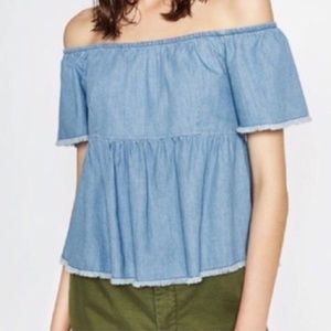 Zara Basic Z1975 Denim Off The Shoulder Women's Blouse